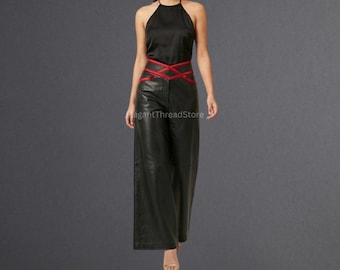 Women’s Black Genuine Cowhide Leather Wide-Leg Culotte Pants – Handmade High-Waisted Leather Trousers with Red Crisscross Waistband Detail