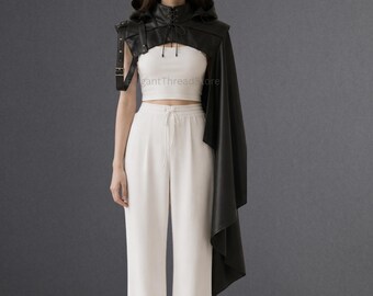 Cape à capuche pour femme en cuir de vachette véritable noir faite main – Cape asymétrique fantaisie, châle gothique en cuir à capuche