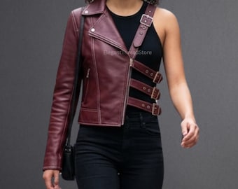 Women’s Handmade Burgundy Genuine Cowhide Leather One Sleeve Moto Jacket