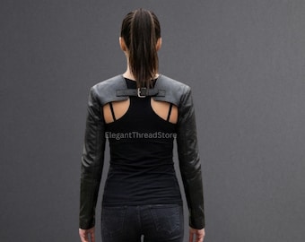 Women’s Handmade Black Genuine Cowhide Leather Shoulder Shrug Jacket – Gothic Cut-Out Bolero Arm Harness