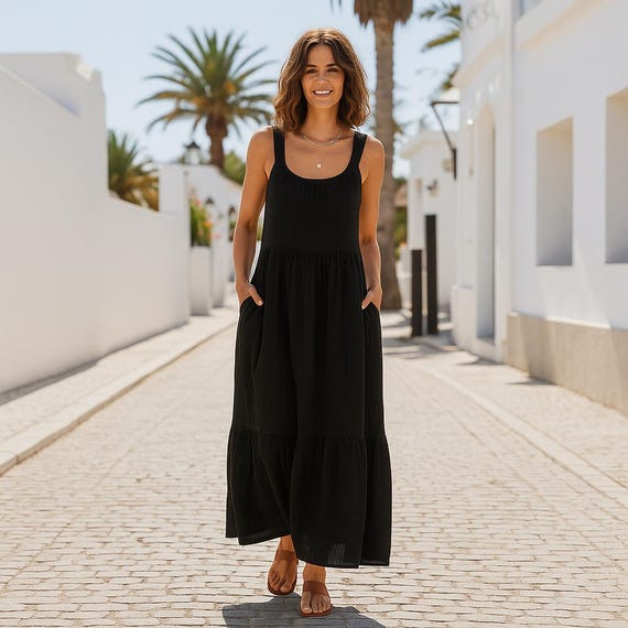 black maxi dress with brown sandals Kayleen Smocked Bodice Maxi Dress