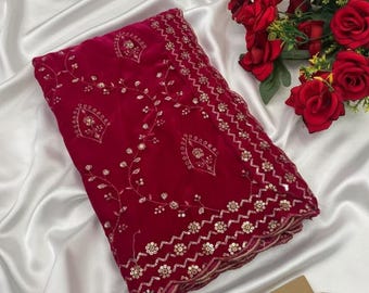 Dupatta de mariée en velours rose, broderie de sequins épais Zari, châle de mariage indien