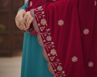 Dupatta de mariée en velours rose, broderie de sequins épais Zari, châle de mariage indien