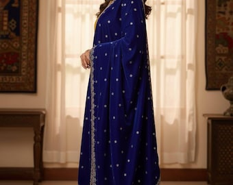Blauw fluwelen bruidsdupatta, geborduurde Zari-pailletten, Indiase bruiloftsjaal