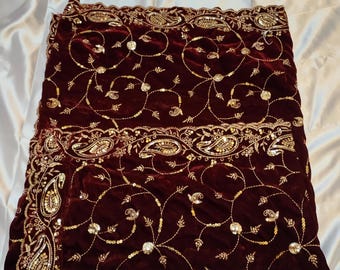 Maroon Velvet Bridal Dupatta, Heavy Zari Embroidered Shawl