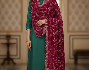 Dupatta de mariée en velours rose, broderie de sequins épais Zari, châle de mariage indien