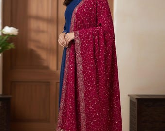 Dupatta de mariée en velours rose, broderie de sequins épais Zari, châle de mariage indien