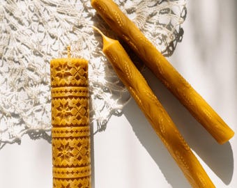 Set of 3 Handmade Beeswax Candles • Wheat Taper, Folk Pillar, Natural Honey Scent