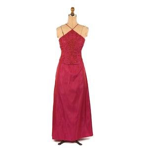 Vintage 90s Hot Pink Iridescent Taffeta Beaded Floral Triangle Corset Tie Y2k Prom Dress S