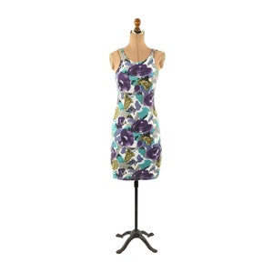 Vintage 90s Abstract Floral Print Cotton Sleeveless Hourglass Mini Grunge Shirt Dress M L