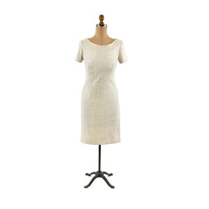 Vintage 60er Jahre Oatmeal Leichtes Blumen Perlen Verschönertes Hourglass Cocktailkleid S