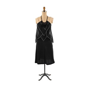 Vintage 70s Black Sheer Chiffon Angled Feather Trim Disco Halter Party Maxi Dress XS