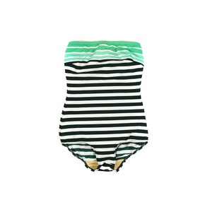 Vintage 70s Gottex White + Green Pinstripe Strapless Low Hip One Piece Bathing Swimsuit S