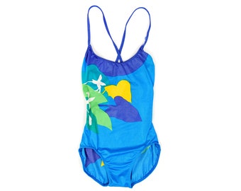 Vintage 70s Danskin One Piece Swimsuit: Blue Tropical Print, Low Back