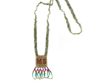 Vintage 20s Antique Native American Seed Bead Loop Tassel Long Fringe Monogramed Flapper Necklace