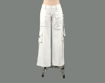 vintage 90s 00s Y2k Low Rise White Cotton Wide Leg Cargo Strap Pants S M