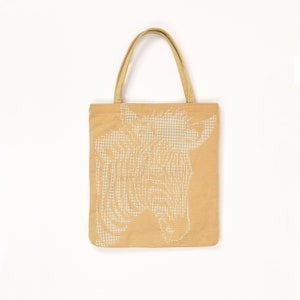 Vintage 70s Seed Bead Zebra Cotton Canvas Tote Bag