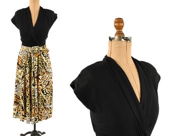 Vintage 80s Nina Piccalino Black + Tan Abstract Rayon Novelty Print Dress M