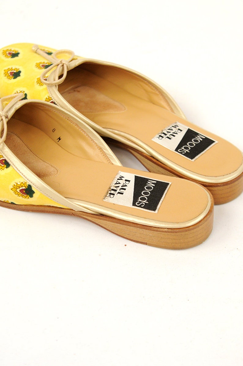 Vintage 1980/'s Bright Yellow Novelty Print Leather Slip On Summer Mule Shoes 8