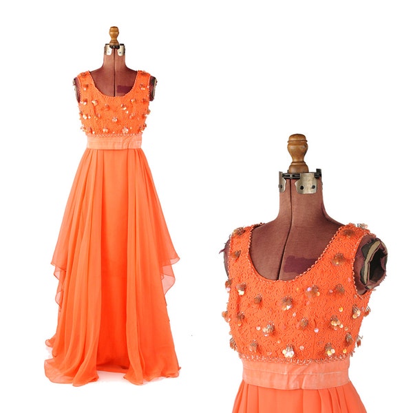 Vintage 1960's Jack Bryan Orange Sheer Chiffon Grecian Goddess Embellished Cocktail Dress S