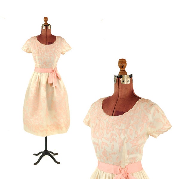 Vintage 1950's Lady Aldrich Sheer Organza Pink Floral Romantic Wedding Garden Party Dress S