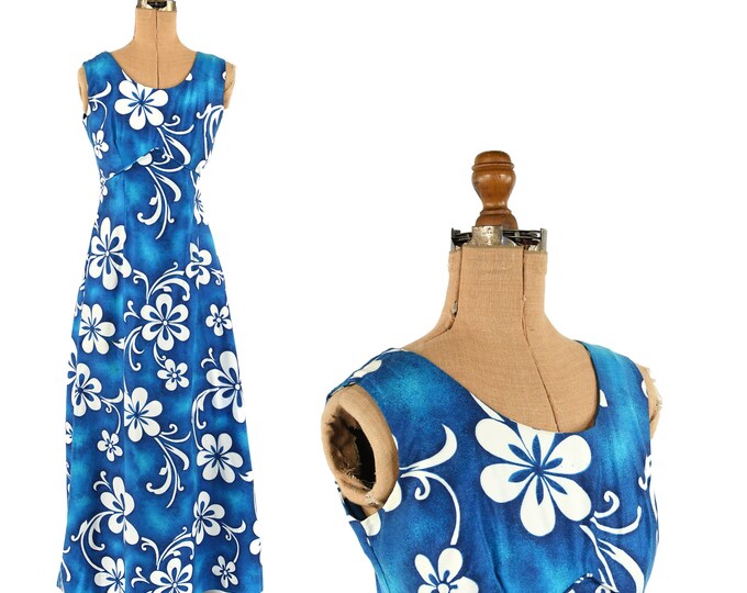 Vintage 70s Royal Hawaiian Blue + White Floral Print Empire Waist Maxi ...