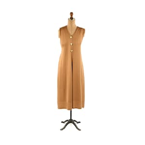 Vintage 90s Light Brown Soft Acrylic Knit Sleeveless Sweater Midi Split Duster Cardigan  L
