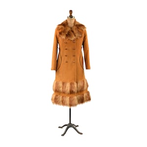 Vintage 70s Warm Brown Faux Fur Trim Hippy Retro Mod Princess Coat Jacket S