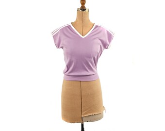 Vintage 80s Pale Pastel Purple Short Sleeve High Waist Sport Striped T Shirt Top L