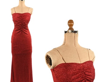 Vintage 90s Jessica McClintock Strapless Red Glitter Hourglass Y2K Long Evening Prom Dress S 4