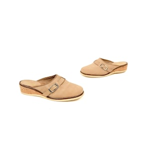 Vintage 70s Italian Leather Clogs: Tan Suede Cork Wedge, Size 7.5