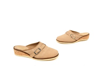Vintage 70s Italian Leather Clogs: Tan Suede Cork Wedge, Size 7.5