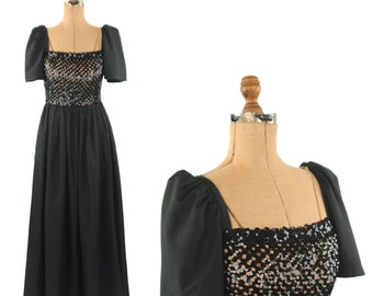 Vintage 70s Lilli Diamond Black Taffeta Sequin Knit Fan Sleeve Retro Party Prom Dress S M