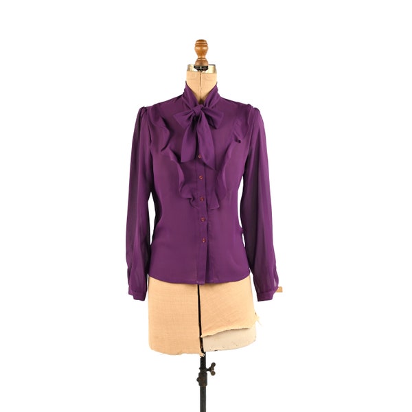 Vintage 70s 80s Semi Sheer Purple Chiffon Ruffled Ascot Bow Tie Preppy Shirt Blouse M