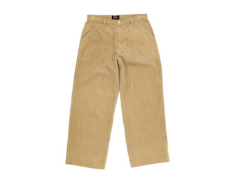 Vintage 90s Tan Cotton Corduroy Y2K High Waist Wide Straight Leg Carpenter Pants 6