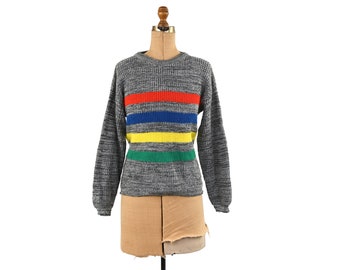 Vintage 80s Black + White Acrylic Knit Rainbow Stripe Pull Over Crew Neck Sweater L