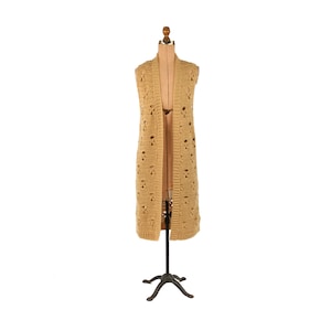 Vintage 70s Light Brown Soft Acrylic Knit Sleeveless Crochet Long Cardigan Duster Sweater M