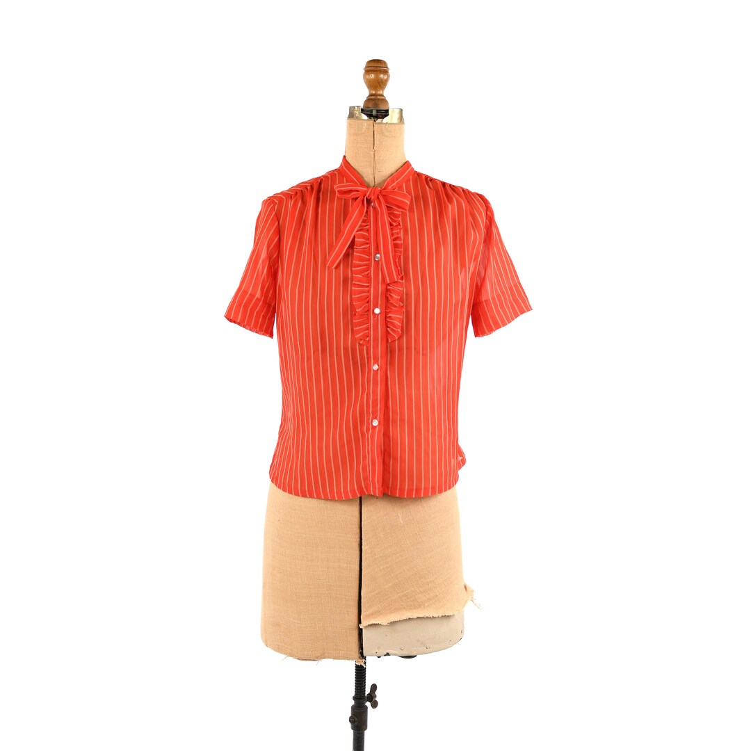 Red Ruffle Ascot Vintage 70s Pinstripe Blouse: Red Semi Sheer Ruffle Ascot Top (M) - Etsy