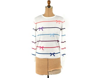 Suéter de punto vintage de los 80: lazos de rayas, estilo preppy, talla M