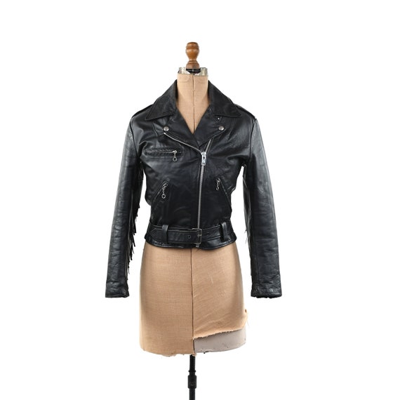 Vintage 80s Black Leather Fringe Crop Biker Motorc