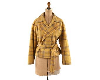 Vintage 90s Golden Yellow Plaid Wool Blend Cropped Slouchy Belted Light Grunge Jacket L