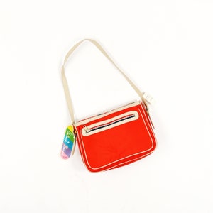 Vintage 70s 80s Valerie Barad Red Tan Nylon Faux Leather Handbag Shoulder Purse Bag imagem 1
