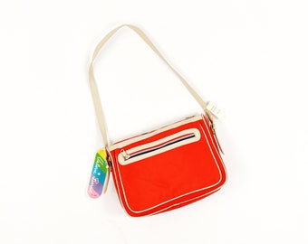 Vintage 70s 80s Valerie Barad Red + Tan Nylon Faux Leather Handbag Shoulder Purse Bag
