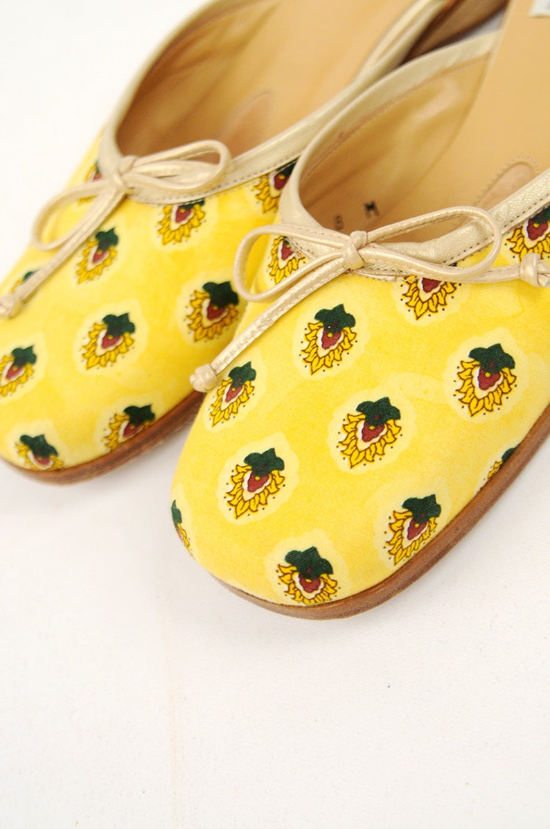 Vintage 1980/'s Bright Yellow Novelty Print Leather Slip On Summer Mule Shoes 8
