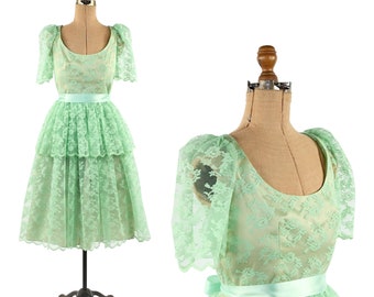 Vintage 70s Sheer Green Floral Lace Puff Sleeve Tiered Ruffle Party Cocktail Dress M