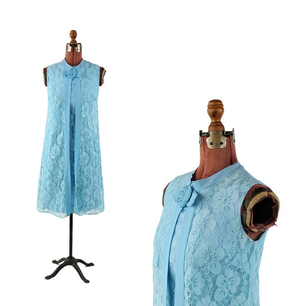 Vintage 1960's Sky Blue Sheer Floral Lace Capelet Cocktail Shift Mod Party Dress S M