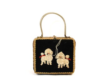 Vintage 50s Gold + Black Velvet Curly Poodle Dog Novelty Wicker Basket Hawaiian Handbag Purse