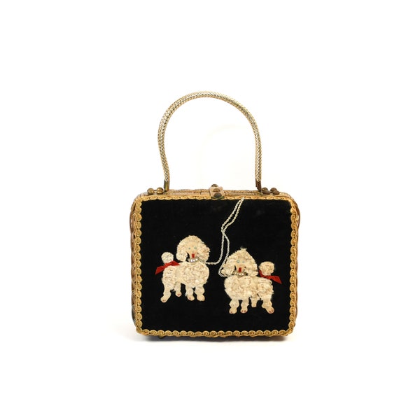 Vintage 50s Gold + Black Velvet Curly Poodle Dog Novelty Wicker Basket Hawaiian Handbag Purse