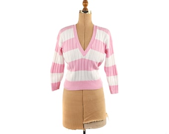 Vintage 70s 80s Pink + White Collegiate Stripe V Neck Preppy Cotton High Waist Sweater L