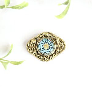 Vintage 80s Victorian Style Gold Tone Metal Filigree Blue Milk Glass Broach Pin